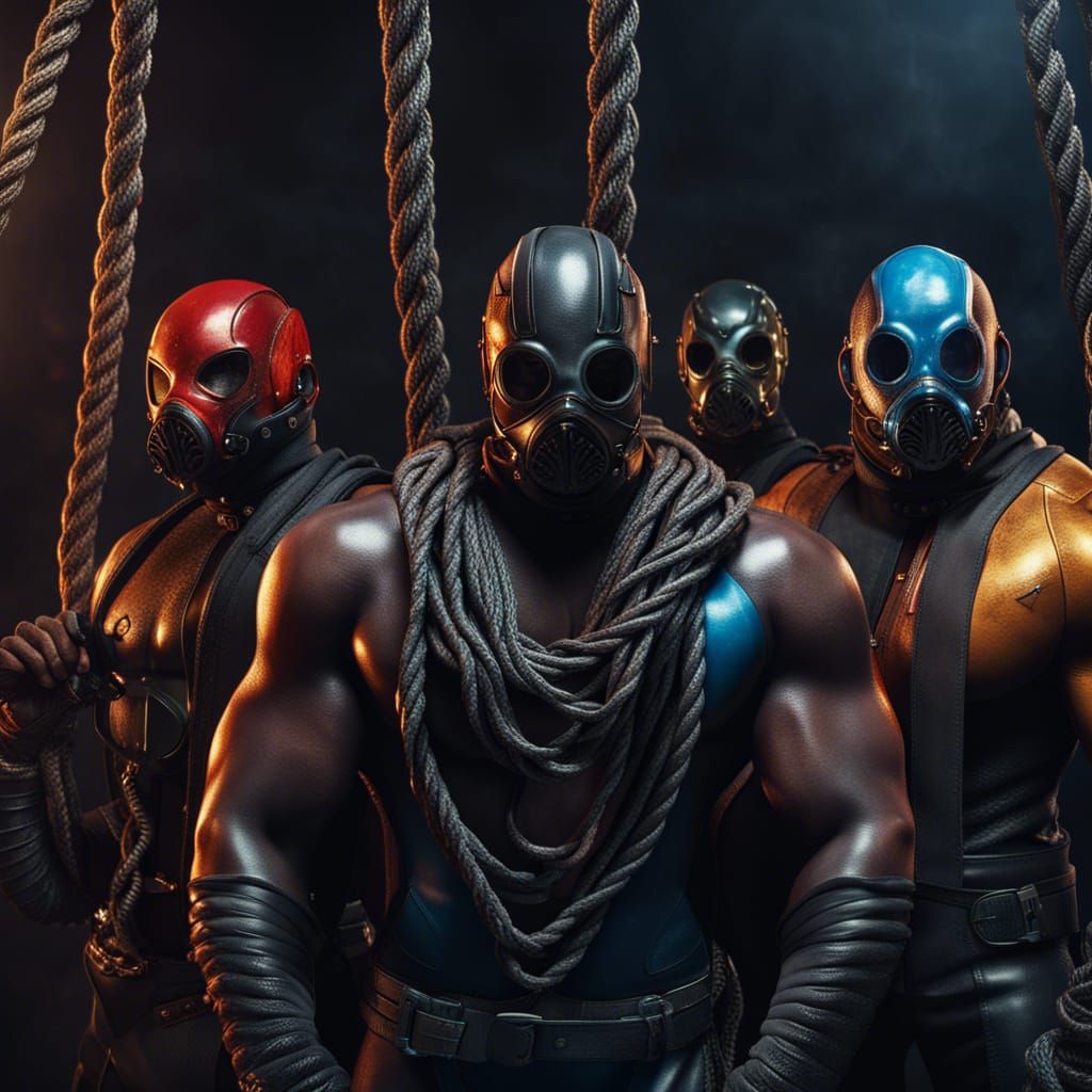 Muscular Men in Superhero Suits with Gas Masks