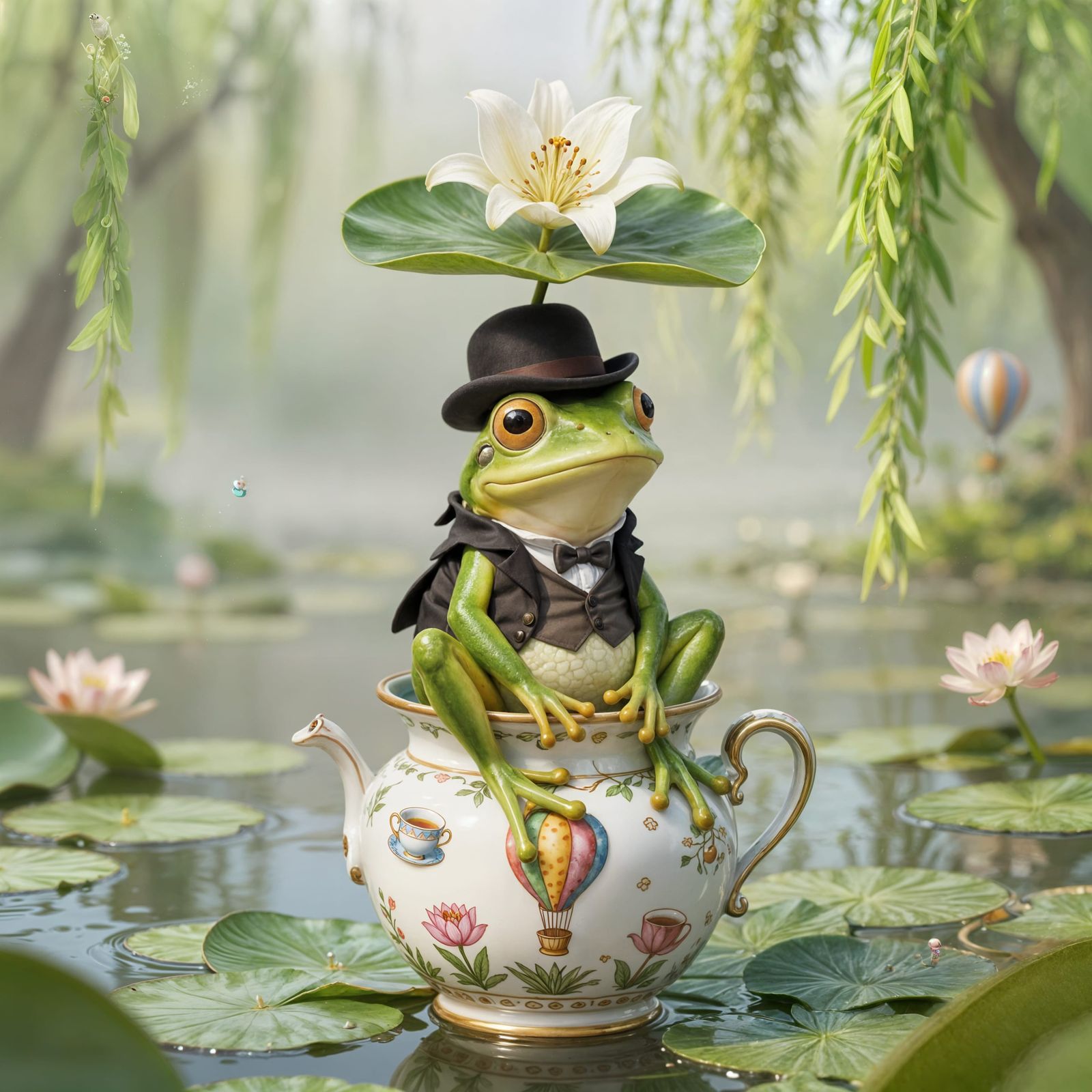 Frog in Hat Balanced on Lily Pad in Porcelain Vase