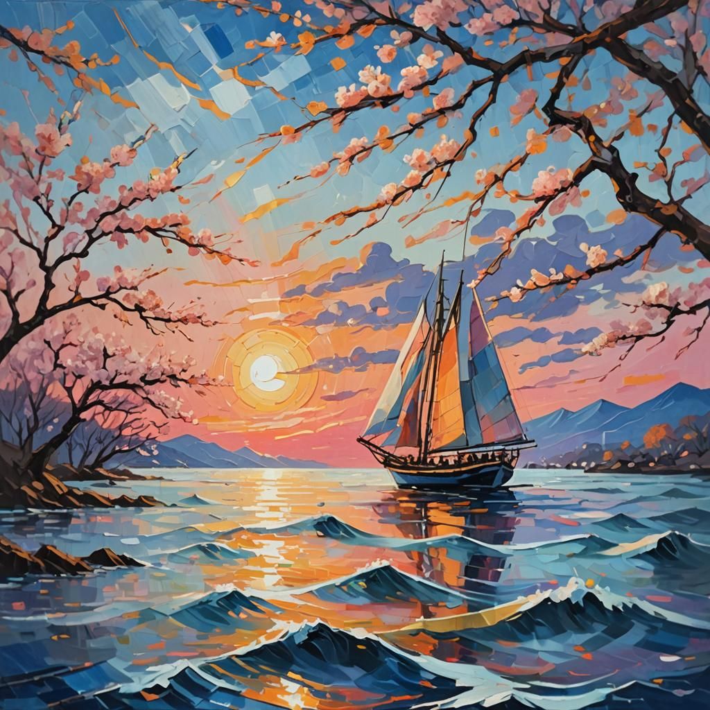 Sailboat Sunset with Cherry Blossoms in Abstract Expressioni...