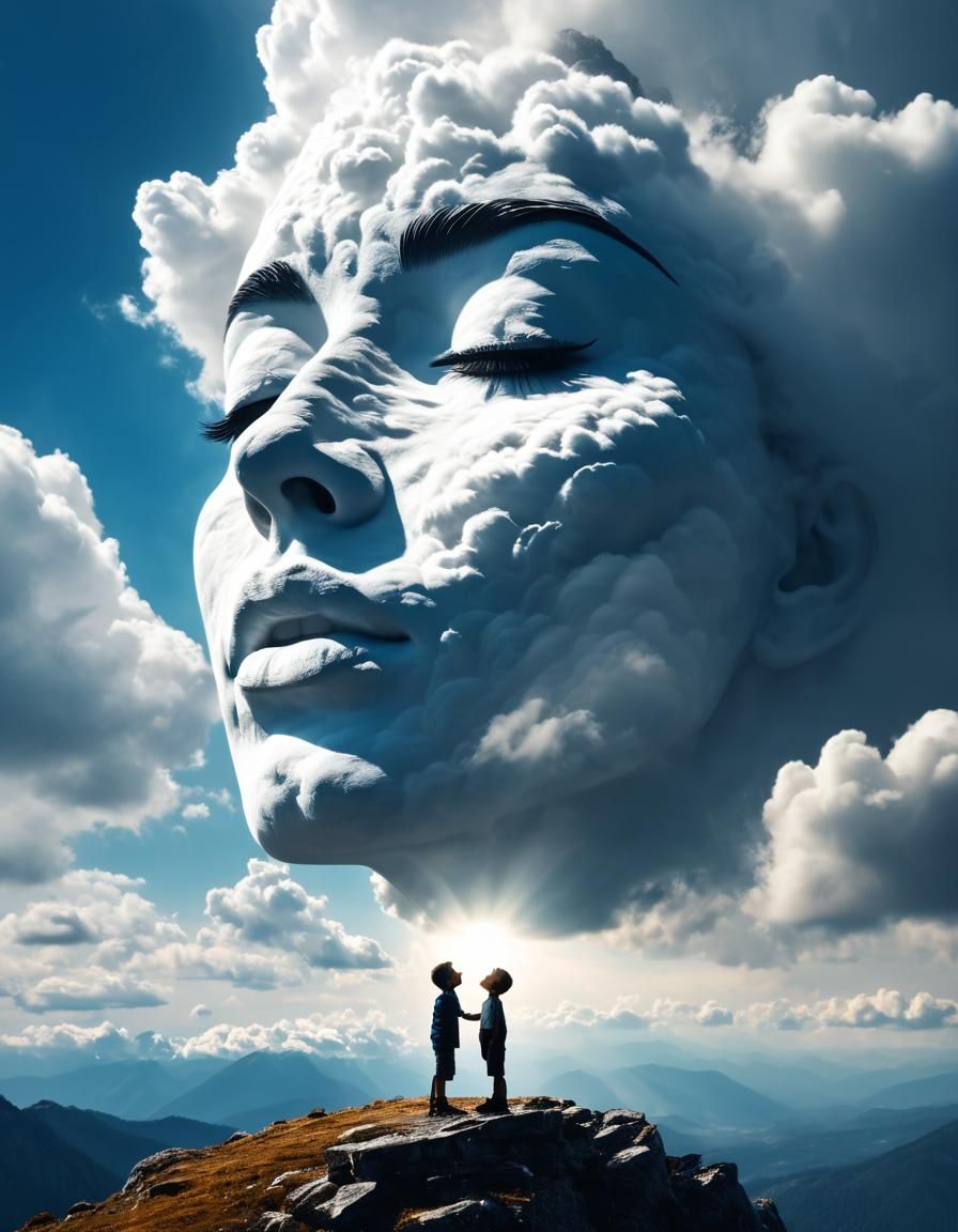 Giant Cloud Woman Kisses Boy on Mountain