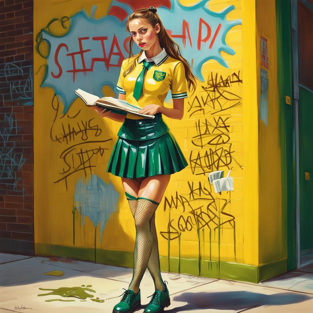 Playful Woman in Latex School Uniform, Digital Art