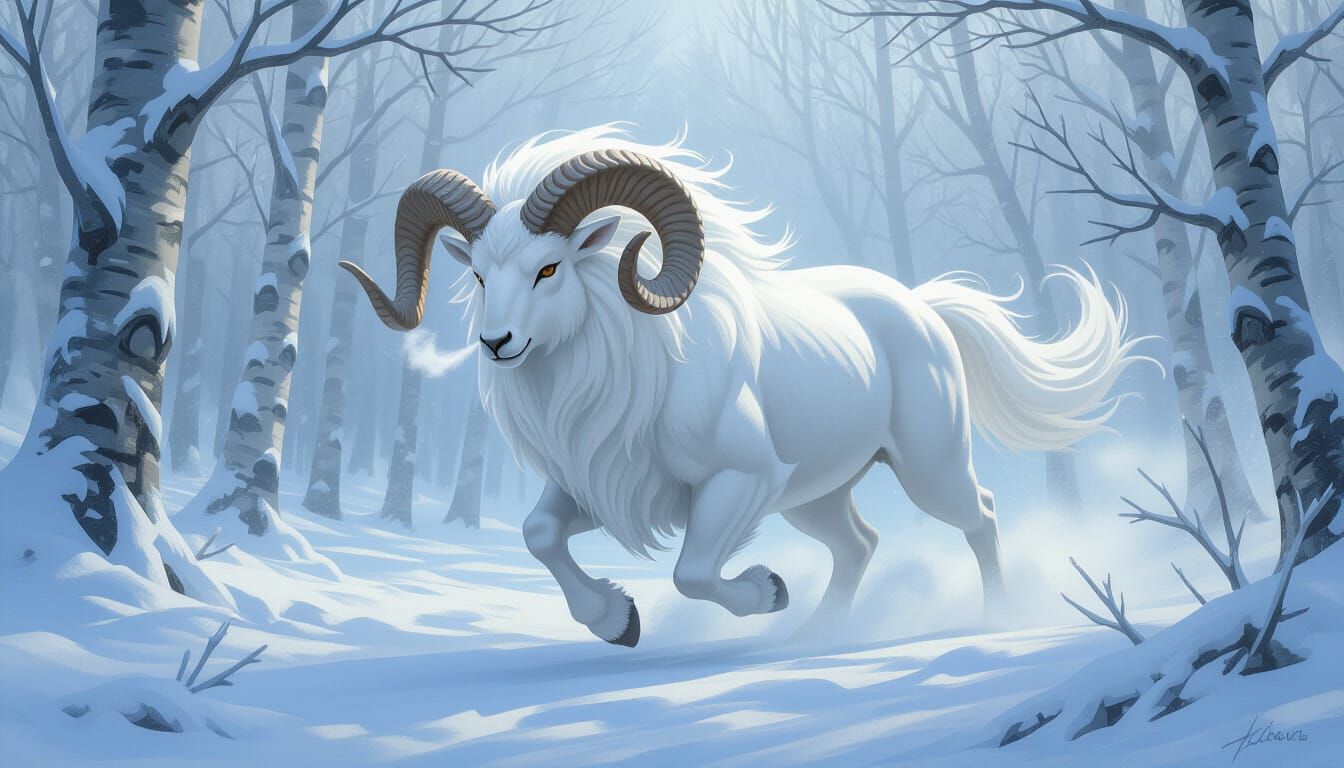 Ethereal Frost Ram in Pastel Forest Oil Painting