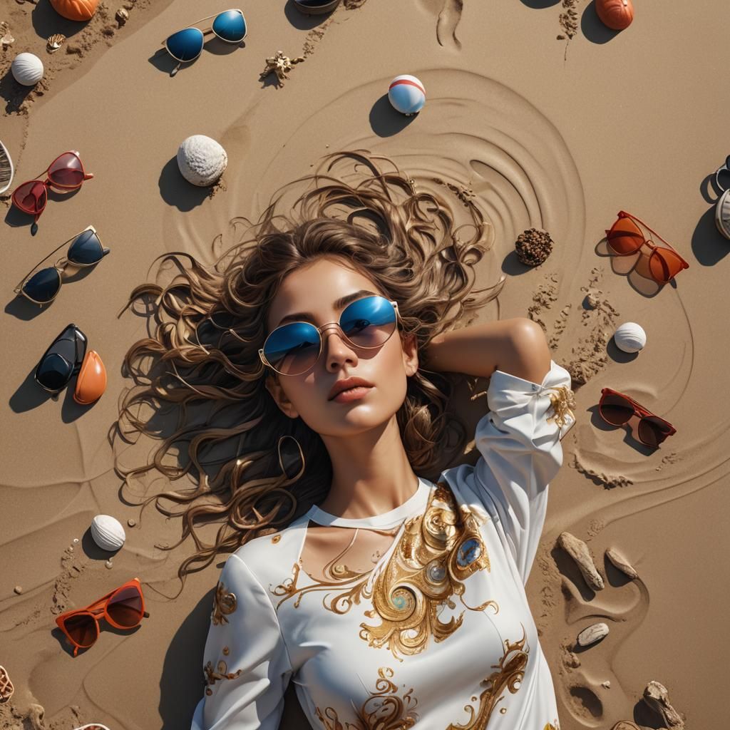 Girl on Beach with Swirling Sunglasses