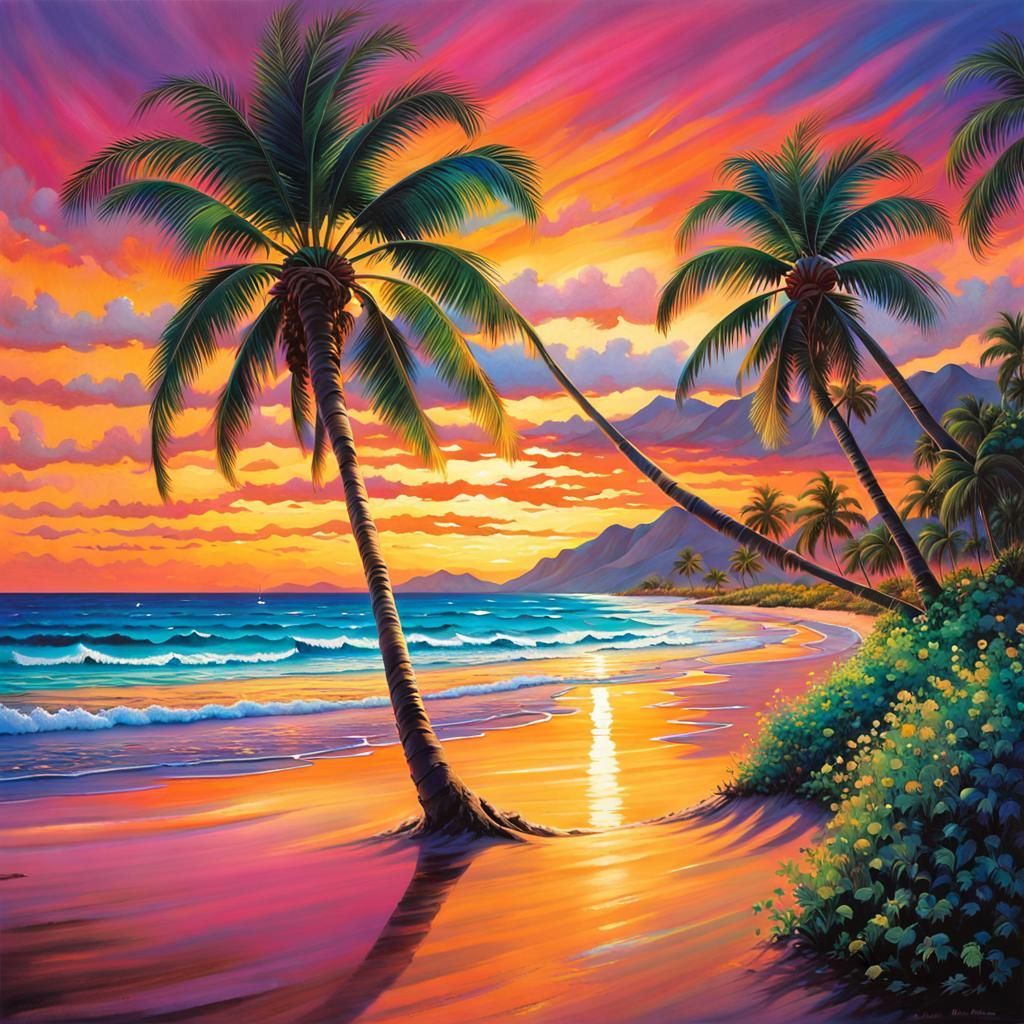 Fantasy Beach Scene with Revelers at Sunset