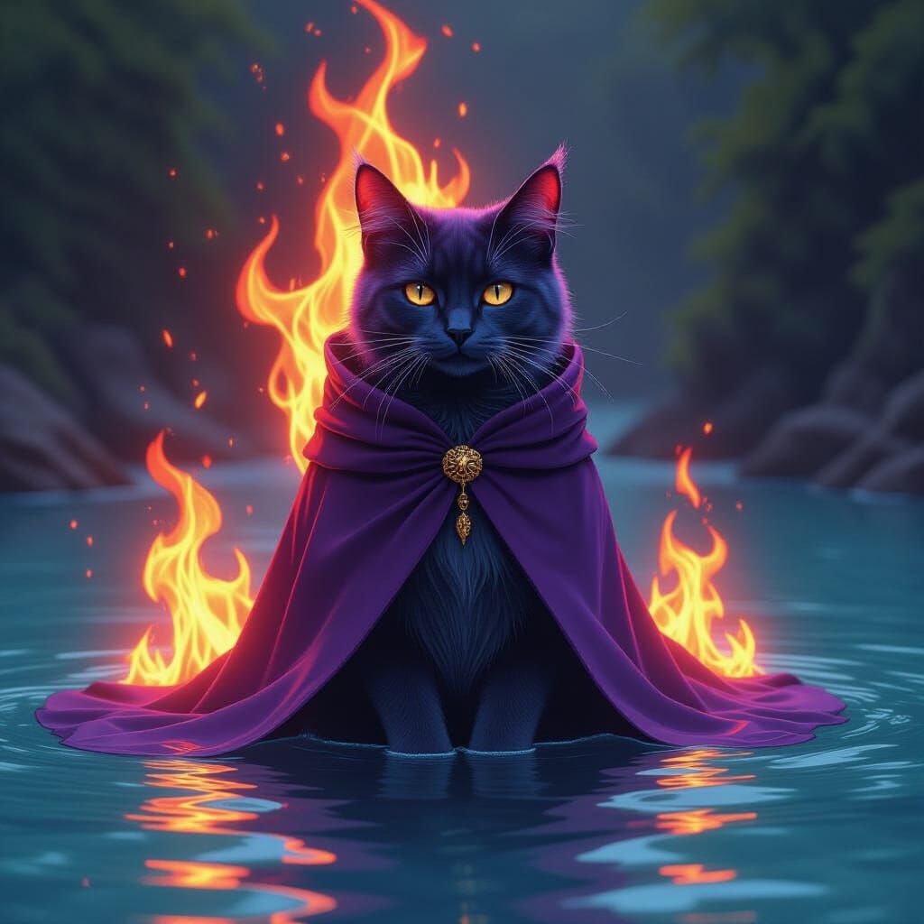 Majestic Purple Cat Amidst Flames and Water