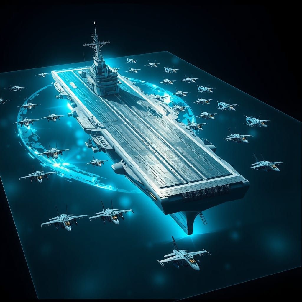 Sleek Holographic USS Ronald Reagan Carrier in Futuristic Fl...