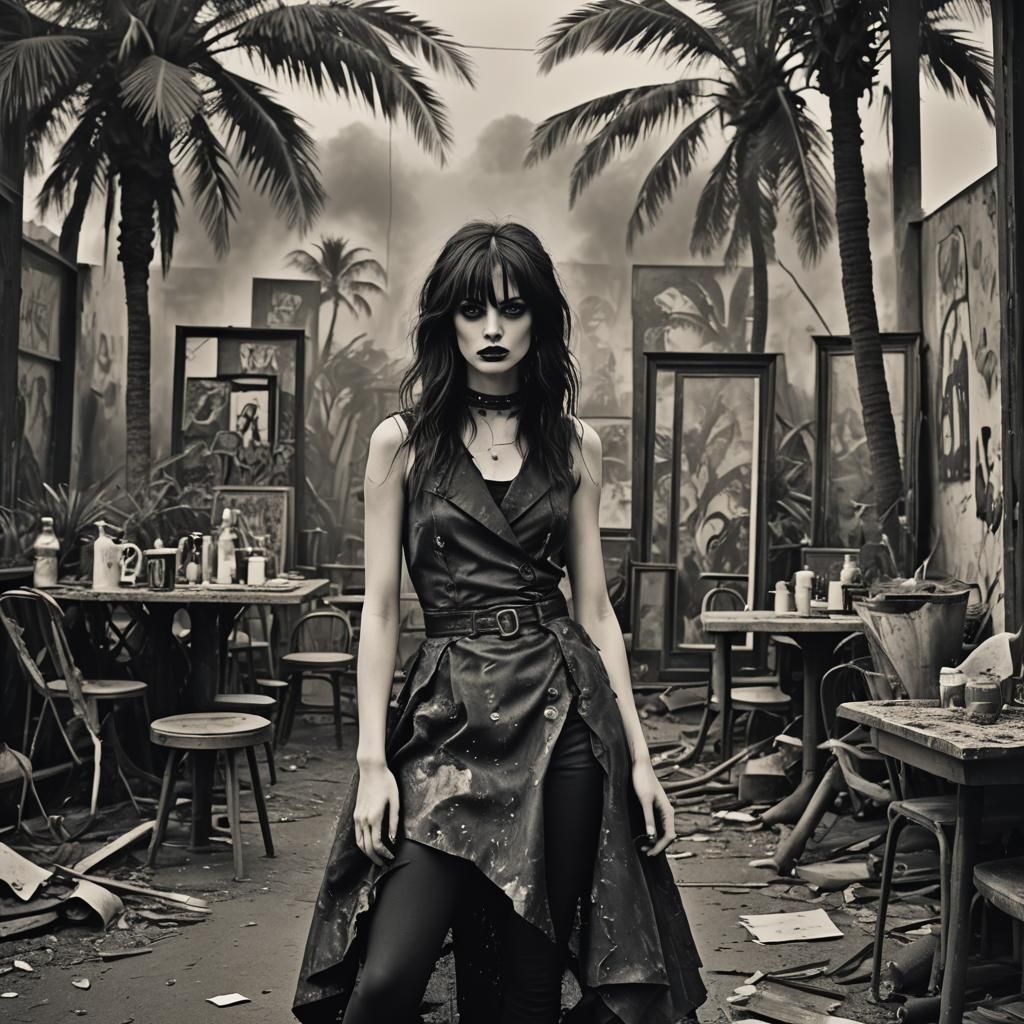 Goth Model in Polluted Cafe with Abstract Art