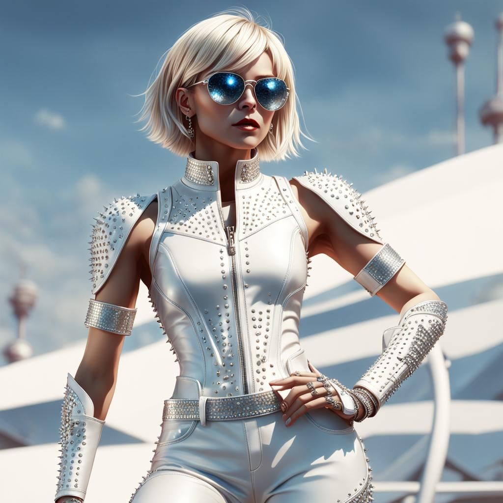 Confident Woman in White Leather Outfit