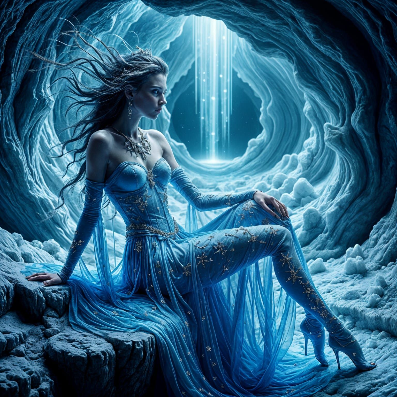 Siberian Ice Princess in Ancient Slavic Attire, Adorned with...