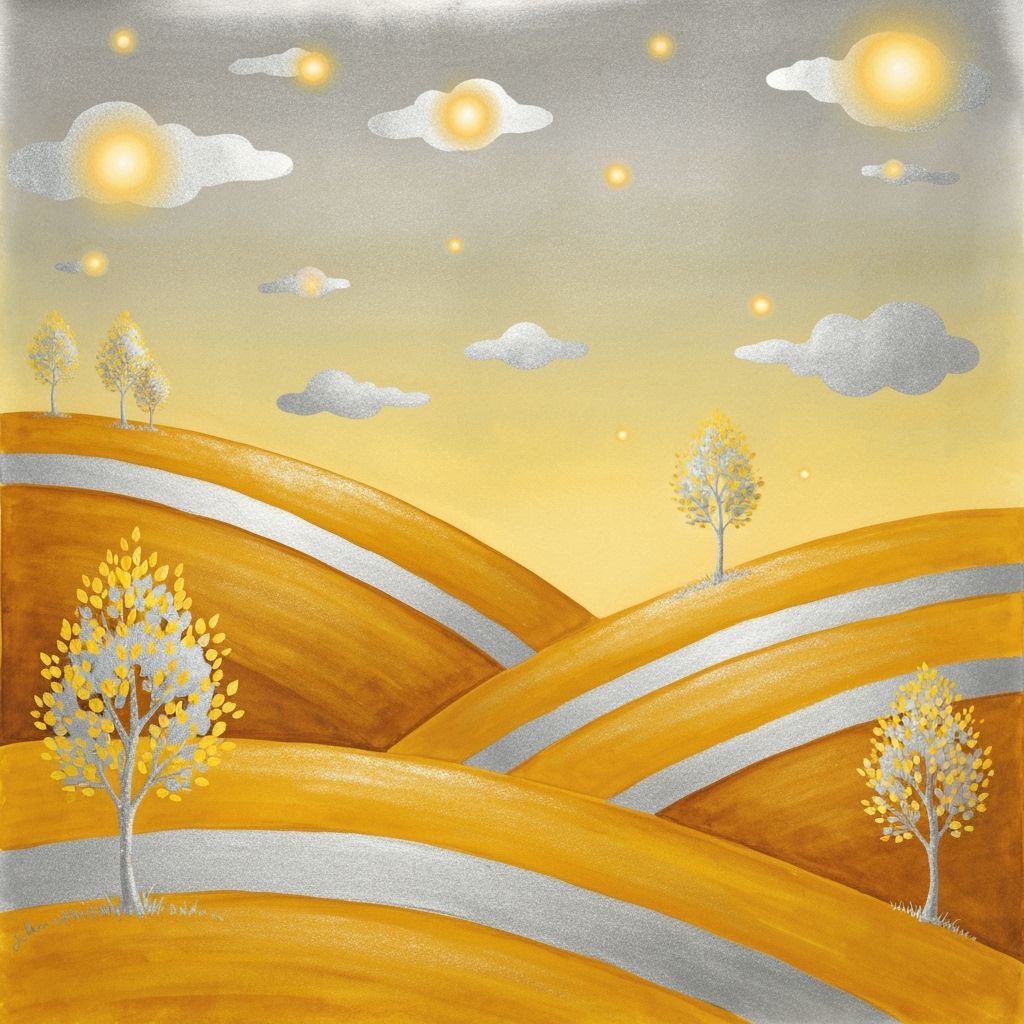 Whimsical Watercolor Landscape with Yellow and Silver Hues