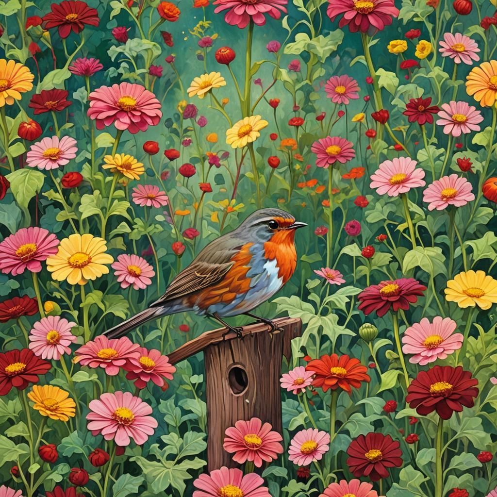 Robin in a Gouache Candyland Garden