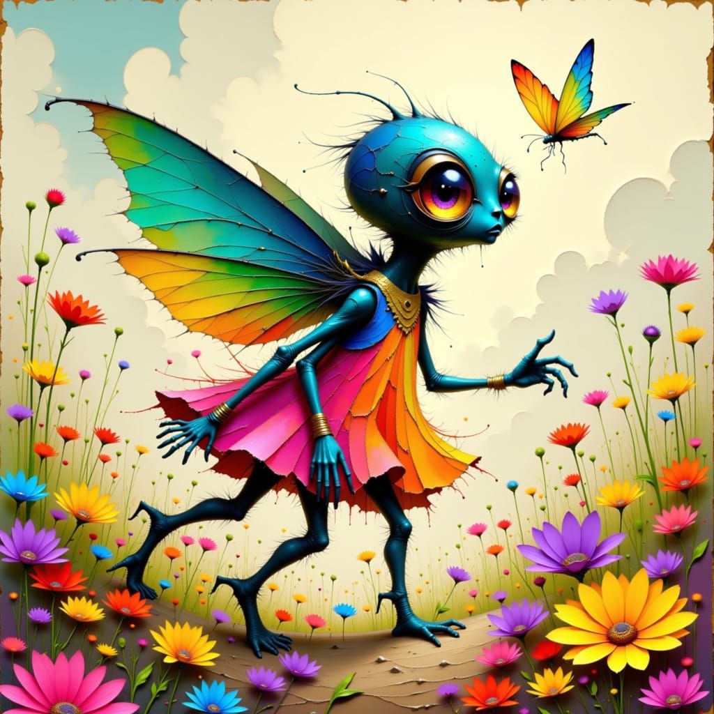 Iridescent Alien Chasing Butterfly in Wildflower Field