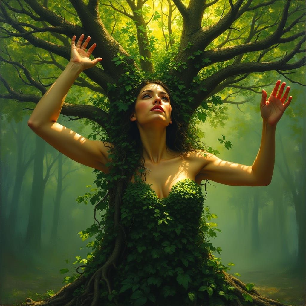 Ethereal Tree Spirit Goddess in Lush Greenery Oil Painting