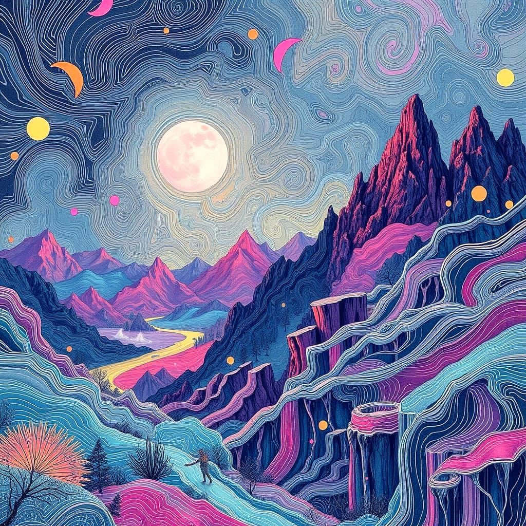 Ethereal Landscape in Vibrant Etch-a-Sketch Style