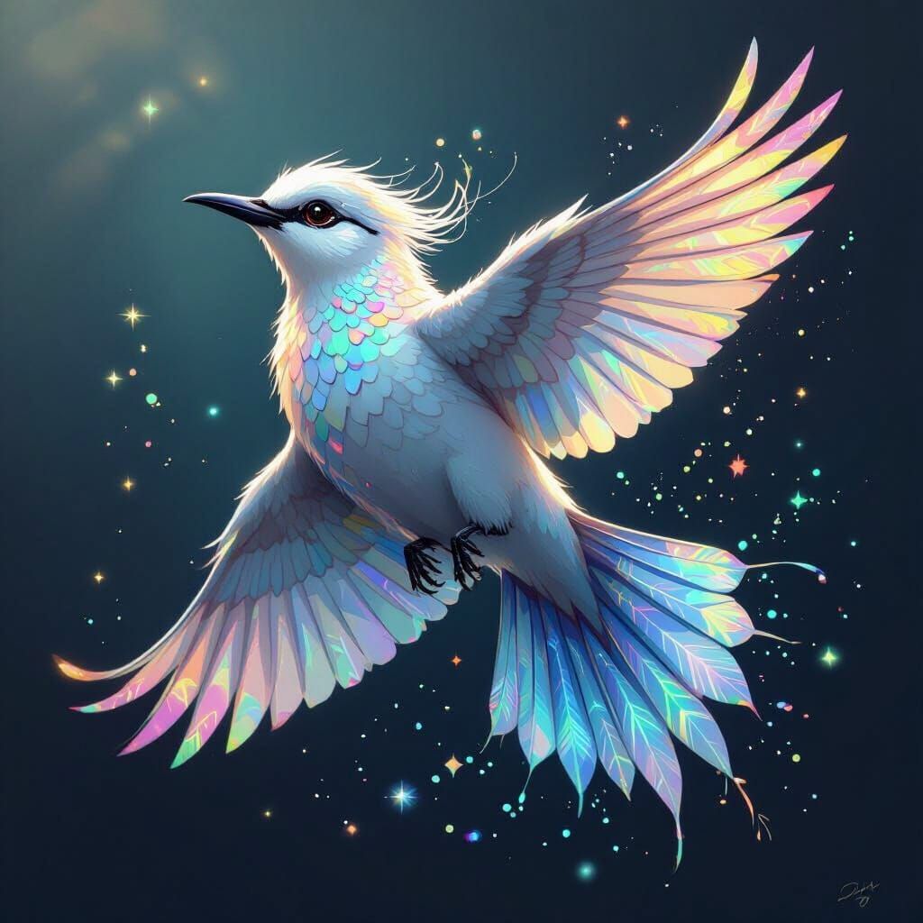 Iridescent Feathered Fish-Bird in Dreamy Art Style