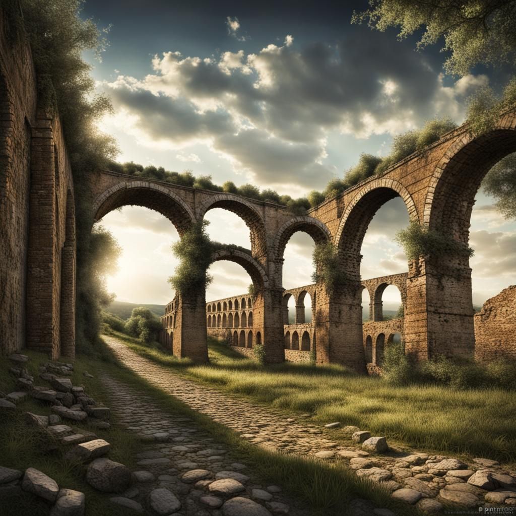 Roman Aqueduct Ruins in Hyperrealistic Style