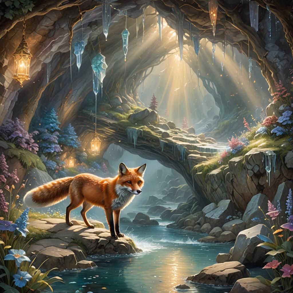 Curious Fox Exploring a Crystal Cave