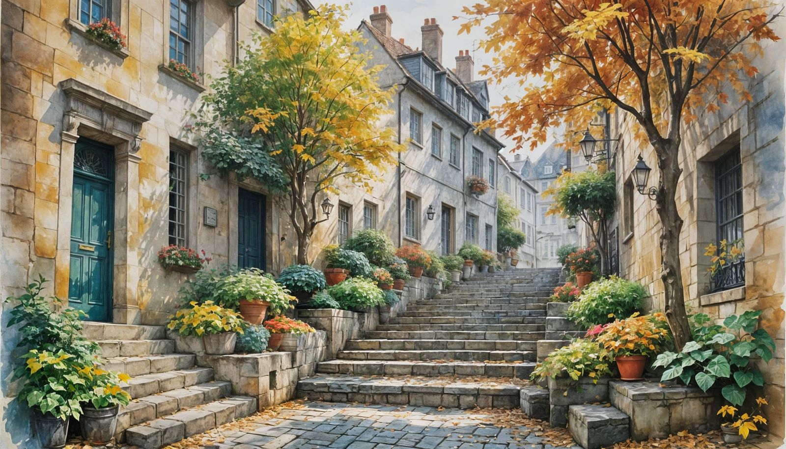 Charming Autumn Scene with Cobblestone Staircase, Watercolou...
