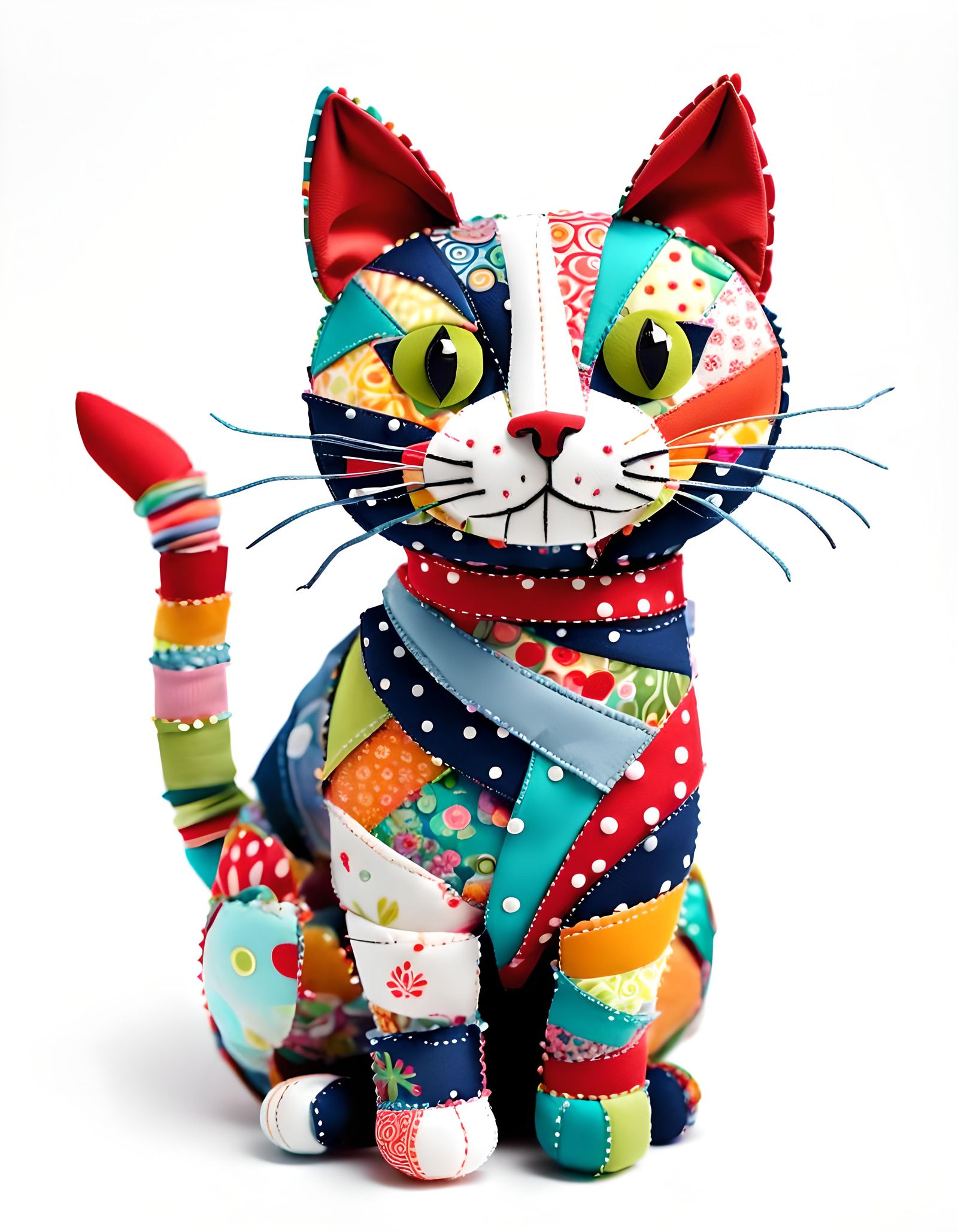 Fabric Scrap Whimsical Cat on White