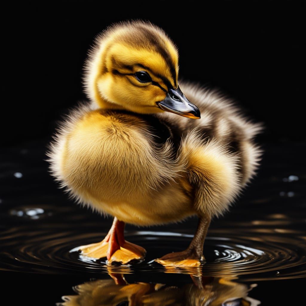 Realistic Solid Gold Baby Duckling Contemplates Reflection