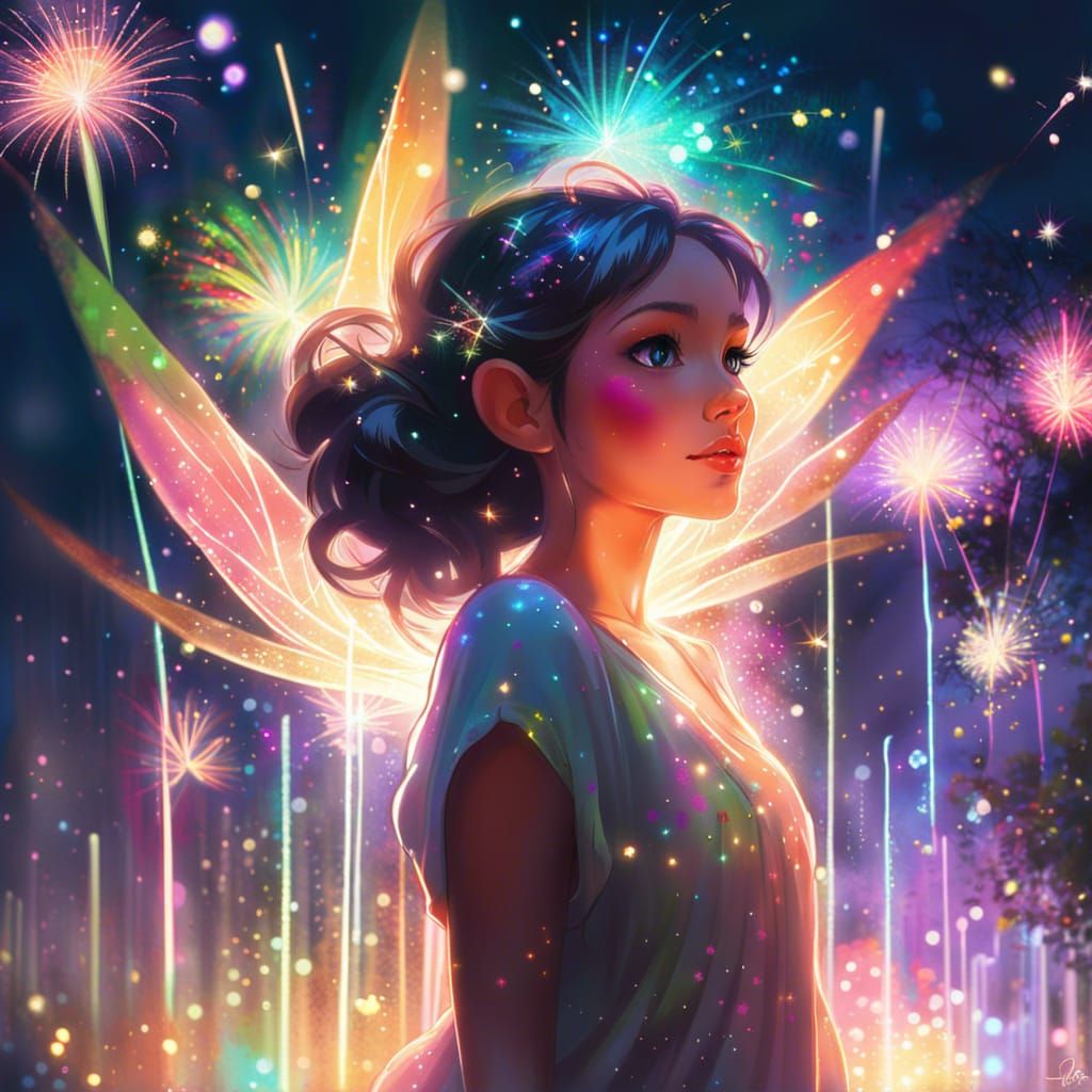 Fairy Watching Rainbow Fireworks in Digital Art Style
