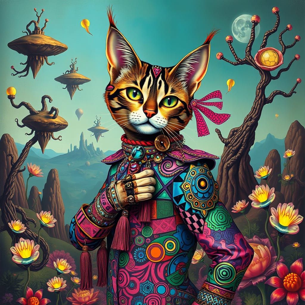 A whimsical painting of an anthropomorphic cat, dressed in a flamboyant, avant-garde outfit, striking a pose in a surrea...