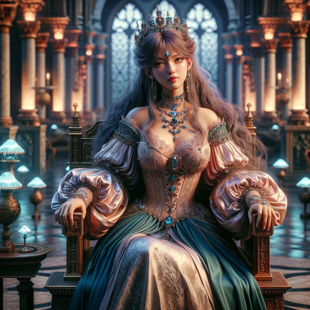 Renaissance Queen with Blue Hair in Fantasy Palace