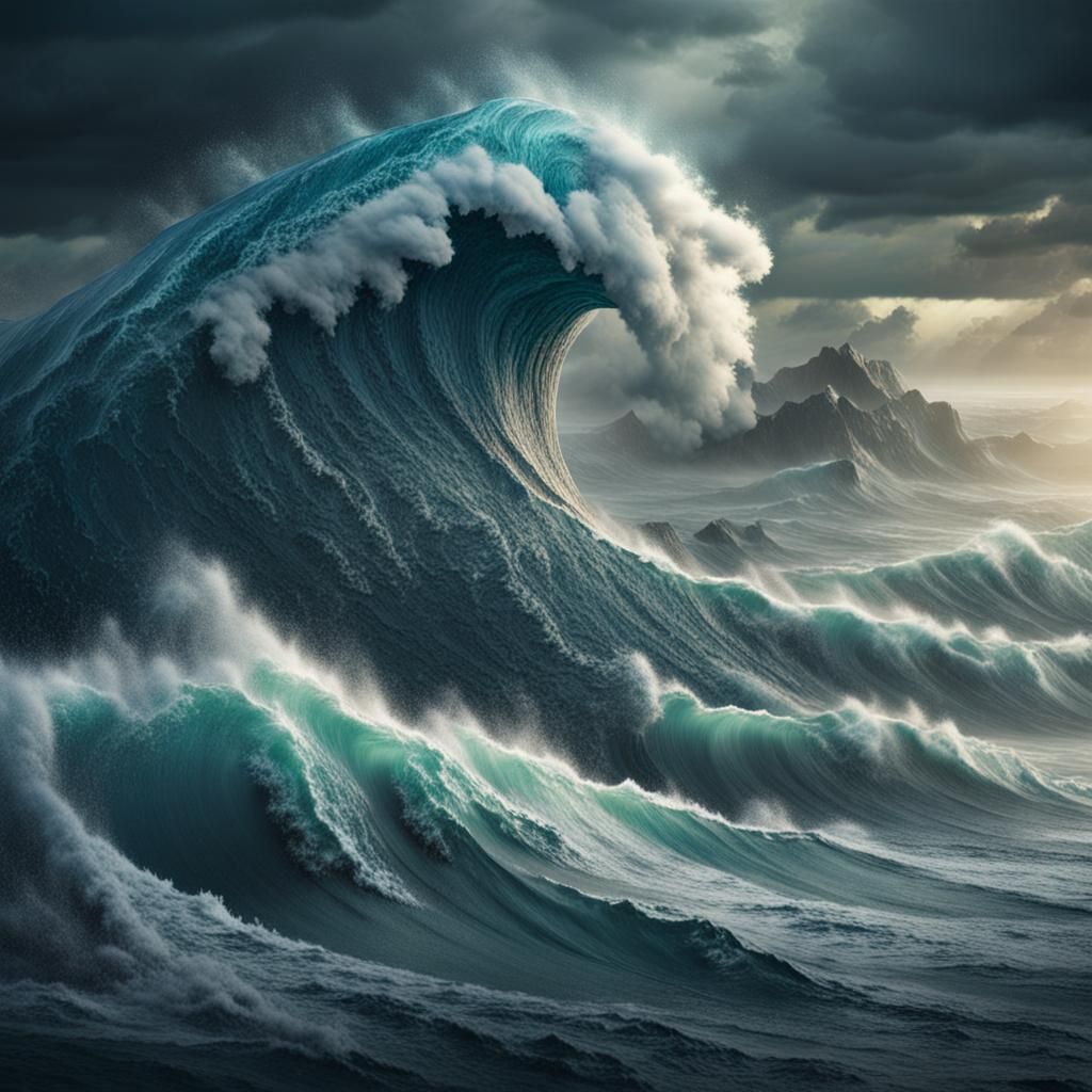 Giant Tsunami Wave on Stormy Ocean: Detailed Matte Painting