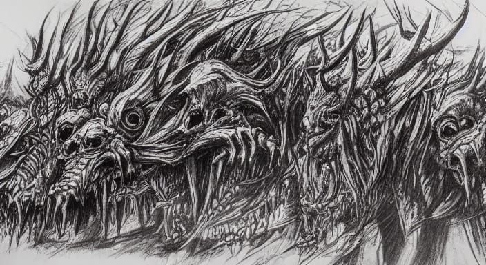 Horror Monster Banquet Devouring Humans in Gritty Pencil Ske...