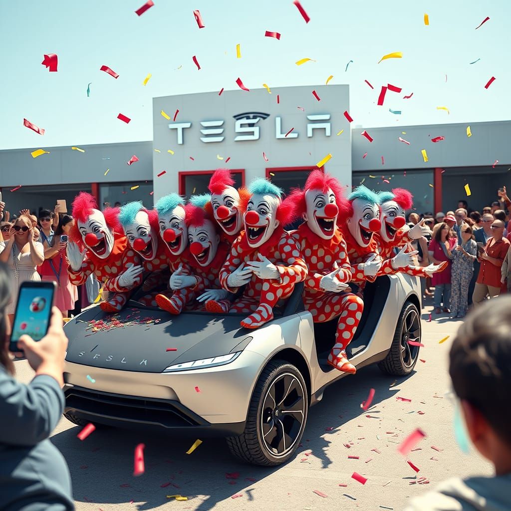 "A hyper-realistic digital illustration of a futuristic clown car designed like a Tesla Cybertruck, with 20 identical El...