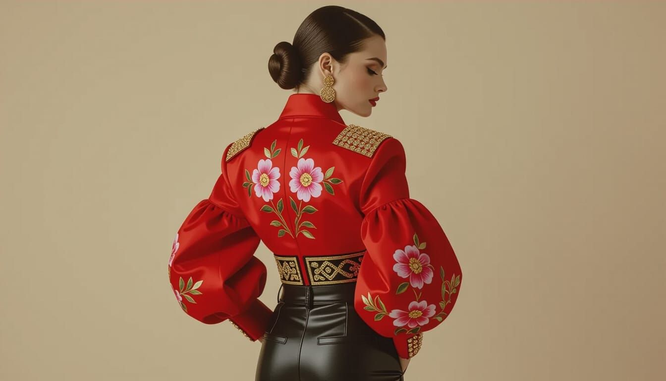 Crimson Fashion Editorial with Floral Jacket and Gold Accent...