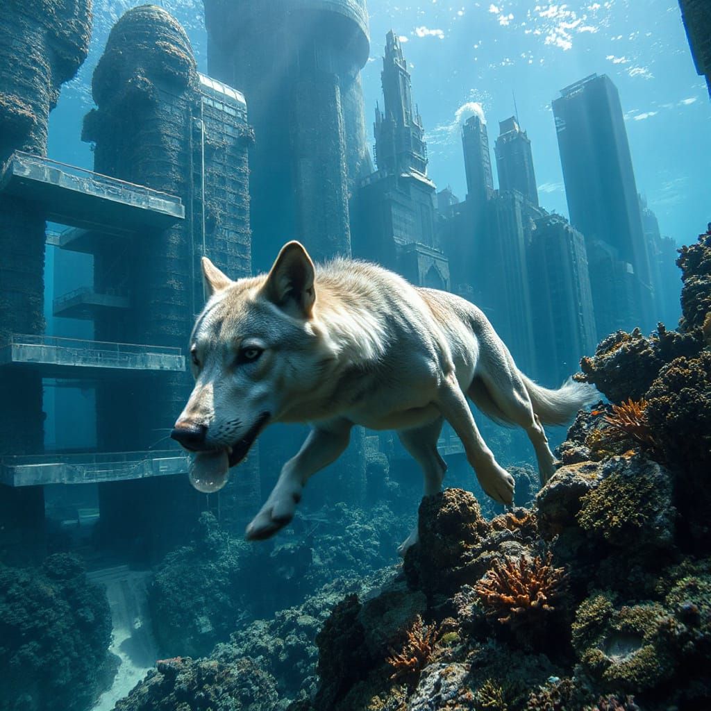 A dramatic photo of a silver wolf prowling through an underwater city, its fur shimmering with metallic hues, bubbles ri...