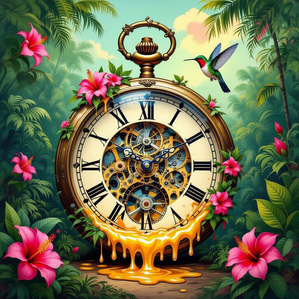 Surreal Melting Pocket Watch in Tropical Jungle