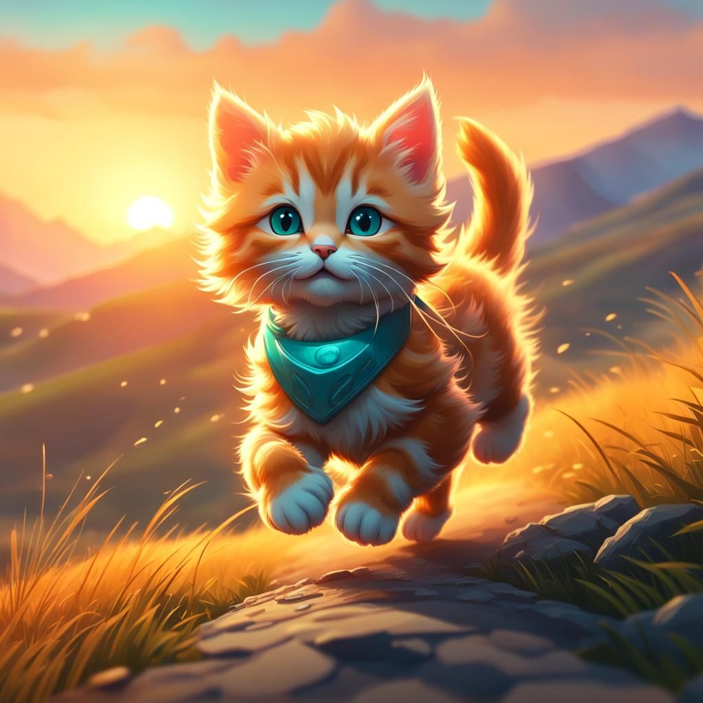 Kitten's Sunset Run: Hyperdetailed Concept Art
