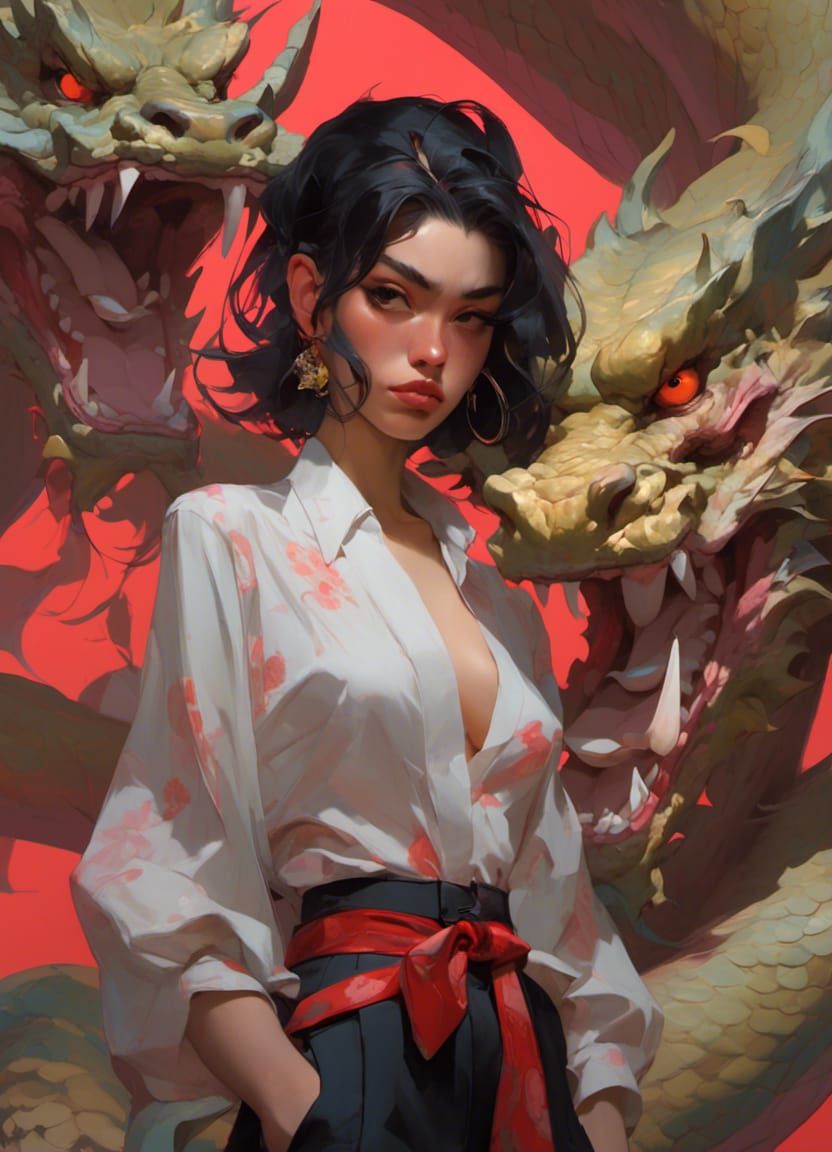 Bored Yakuza Surrounded by Dragon in Anime Style