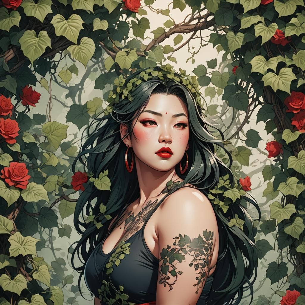 Asian Woman in Ivy: Cel-Shaded Anime Style