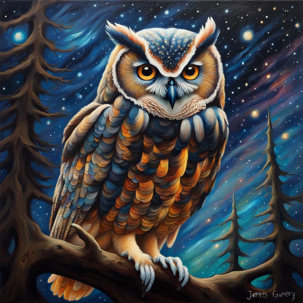 Galaxy Owl Soaring Through Dark Forest