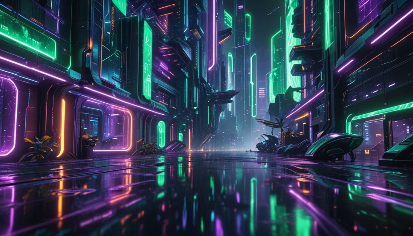 Futuristic Cityscape with Neon Lights in Science Fiction Sty...