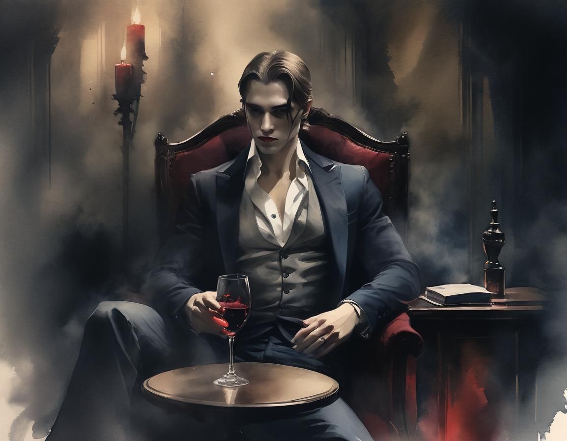 Contemplative Vampire Portrait in Watercolor Style