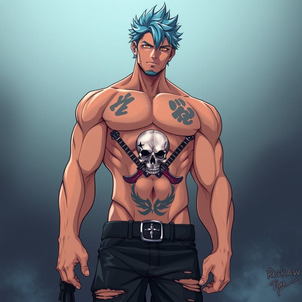 Manga-Inspired Anime Warrior with Skull Tattoo