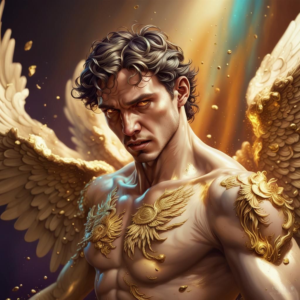 Fallen Angel in Gold: Hyperrealistic Concept Art