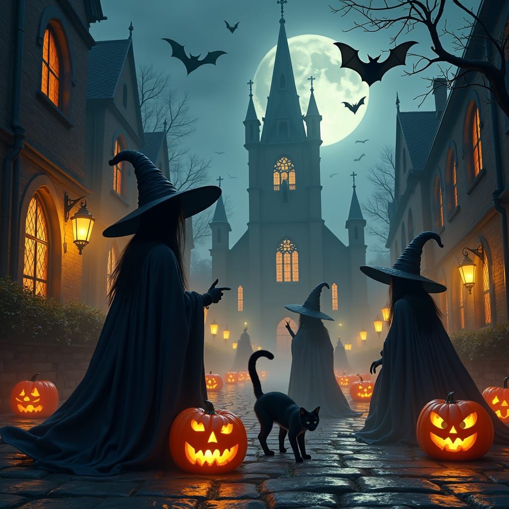 Mystical Halloween Night with Witches and Jack-o'-Lanterns