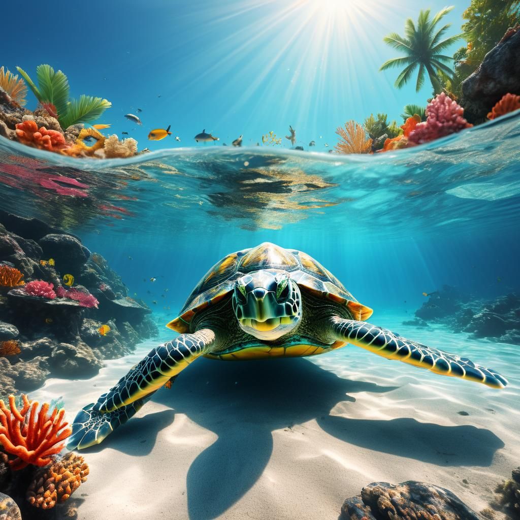 Create a digital hyrealistic double exposure image that captures the silhouette of a giant ancient turtle crawling on th...