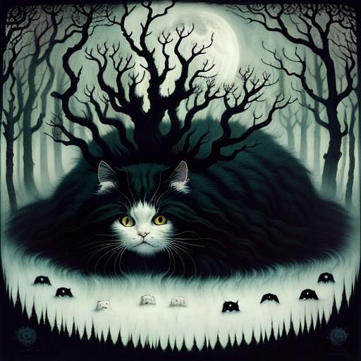 Surreal Forest of Black Oak Trees and White Cats