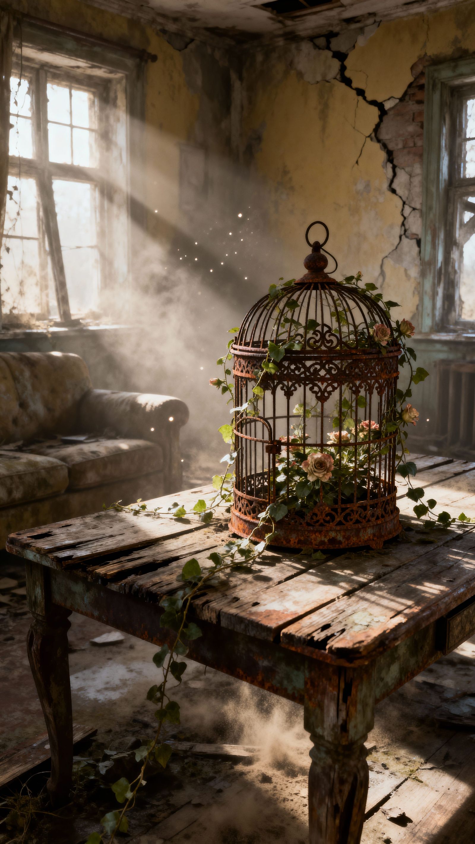 Post-Apocalyptic Birdcage Overflowing with Flowers