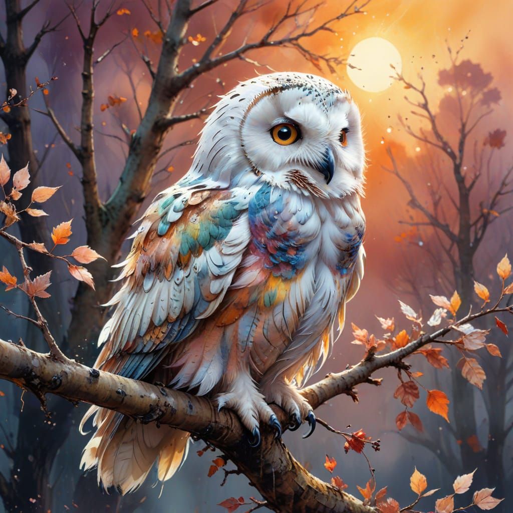 Snow Owl on Branch in Digital Watercolor