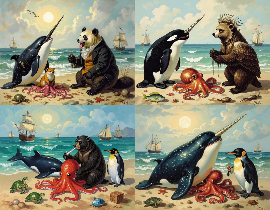 Surreal Mutant Animals in Romantic Ocean Landscape