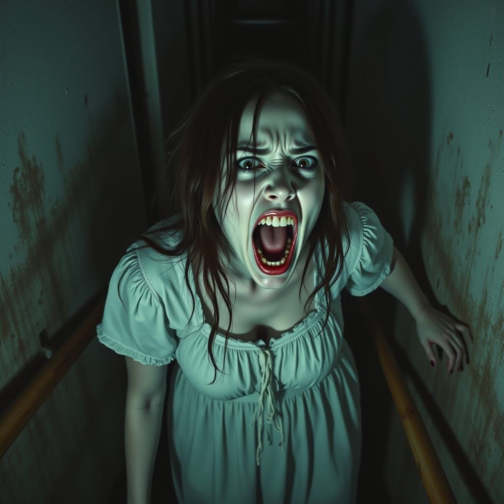 Creepy Distorted Woman in a Dark Cellar