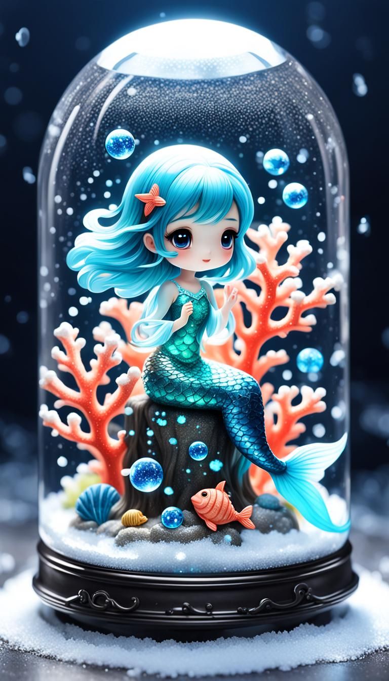 Bioluminescent Chibi Mermaid in Glitter Snow Globe