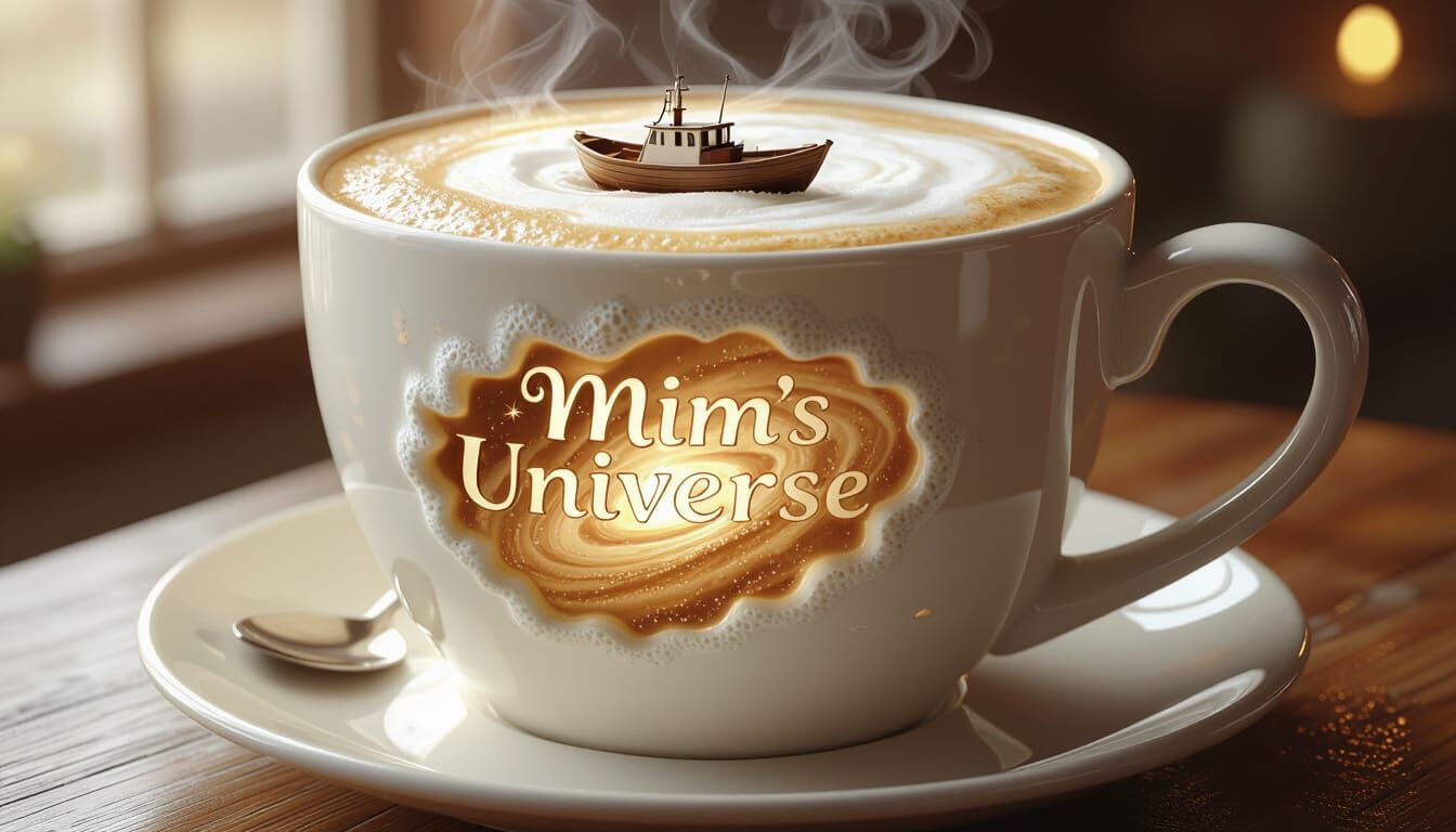 Steaming Coffee Mug with 'Mim's Universe' Art